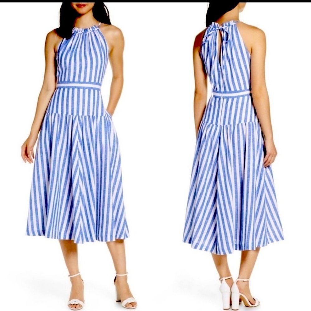 Eliza J Stripped Sleeveless Halter Fit and Flare Dress 14